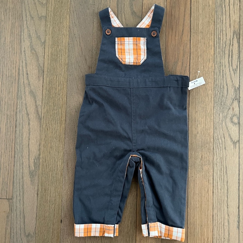 Tommy Bahama Navy Blue and Orange Plaid Baby 3-6m Overalls